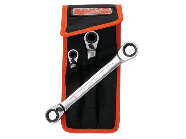 Bahco S4RM/3T 3-piece reversible ratchet spanner set in a fabric tool roll.