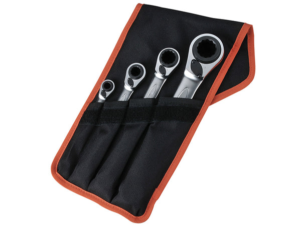 A 4-piece Bahco S4RM reversible ratchet spanner set in a durable black pouch.