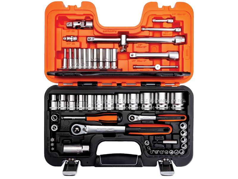The Bahco S560 56-piece set is open, showing its well-organized layout of tools.