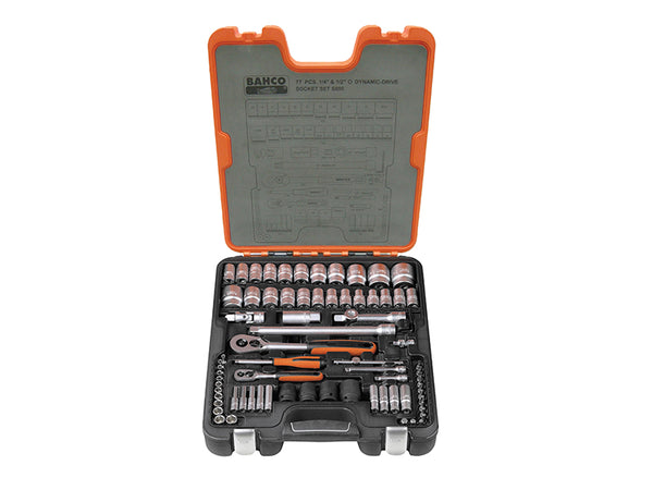 Bahco S800 77-piece 1/4-inch and 1/2-inch drive socket set in a portable hard case.