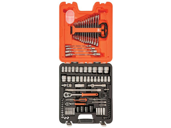 The complete Bahco S87+7 94-piece tool set laid out in its open carrying case.