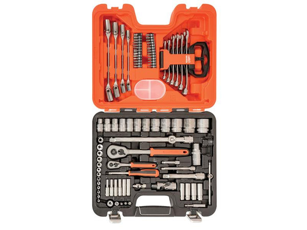 An overhead view of the fully stocked Bahco S910 92-piece tool set case.