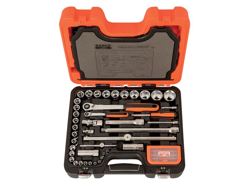The Bahco S95 95-piece mechanics tool set, neatly organized in its open hard case.