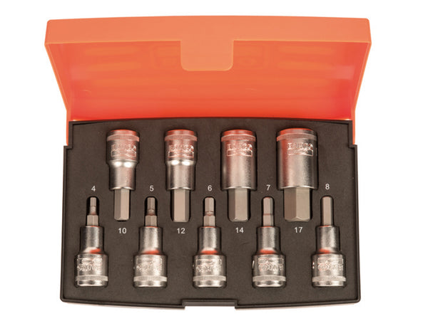 A 9-piece Bahco S9HEX 1/2-inch drive hex bit socket set on a convenient storage rail.
