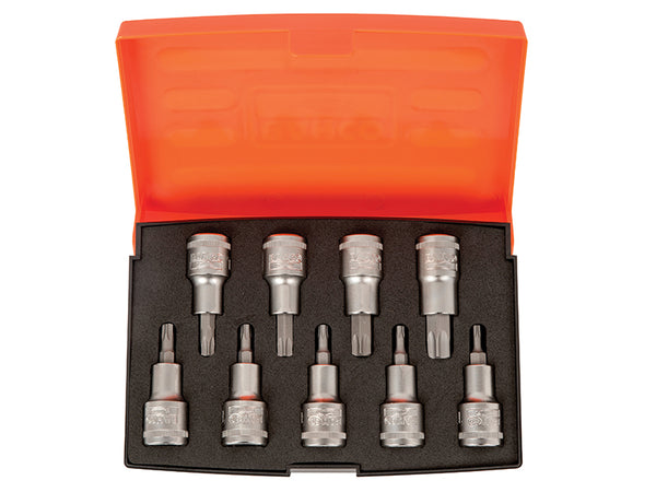 A 9-piece Bahco S9TORX 1/2-inch drive Torx bit socket set, organized on a metal clip rail.