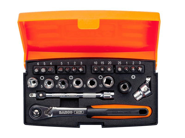 The Bahco SL24 24-piece socket set laid out in its open case to show all contents.
