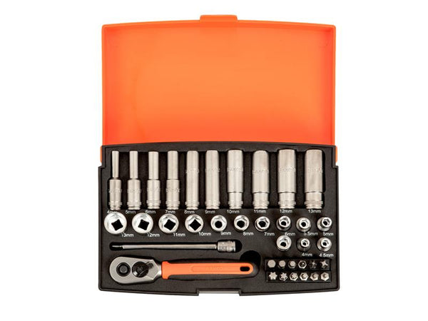 The complete Bahco SL25L 37-piece socket set, including deep sockets, in its open case.