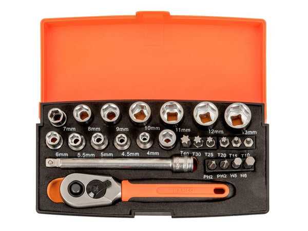 The Bahco SL25 25-piece socket set shown open, with all pieces in their designated slots.