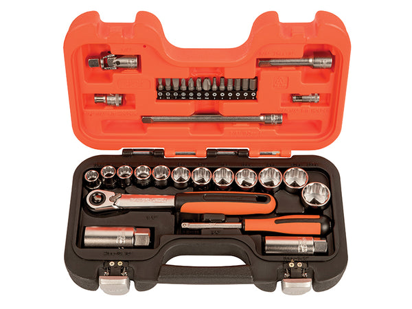 A 34-piece Bahco SL34 3/8-inch drive socket mechanics set in a portable case.
