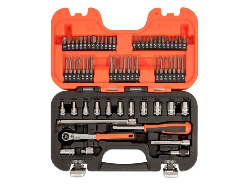 The extensive Bahco SL65 65-piece slim socket set laid out in its open carrying case.