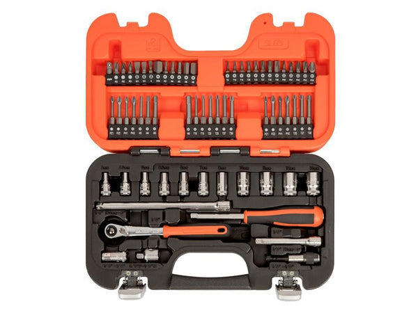 The extensive Bahco SL65 65-piece slim socket set laid out in its open carrying case.
