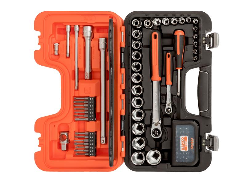 The comprehensive Bahco SL79 79-piece slim socket set displayed in its open case.