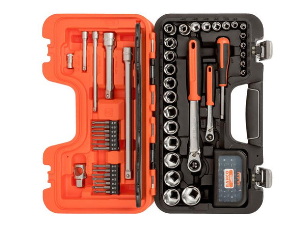 The comprehensive Bahco SL79 79-piece slim socket set displayed in its open case.