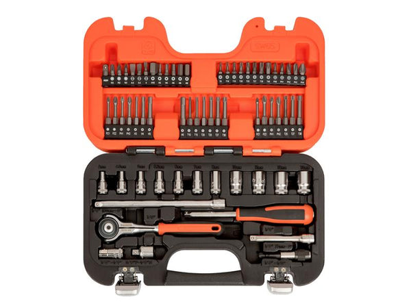 The Bahco SW65 65-piece set is open, showing the swivel ratchet and socket assortment.