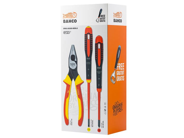 Bahco VDE insulated screwdriver and plier set with ergonomic red and yellow handles.