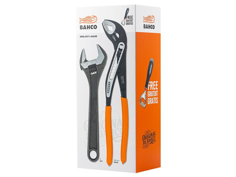 Bahco slip joint plier and adjustable wrench set, showcasing their steel construction.