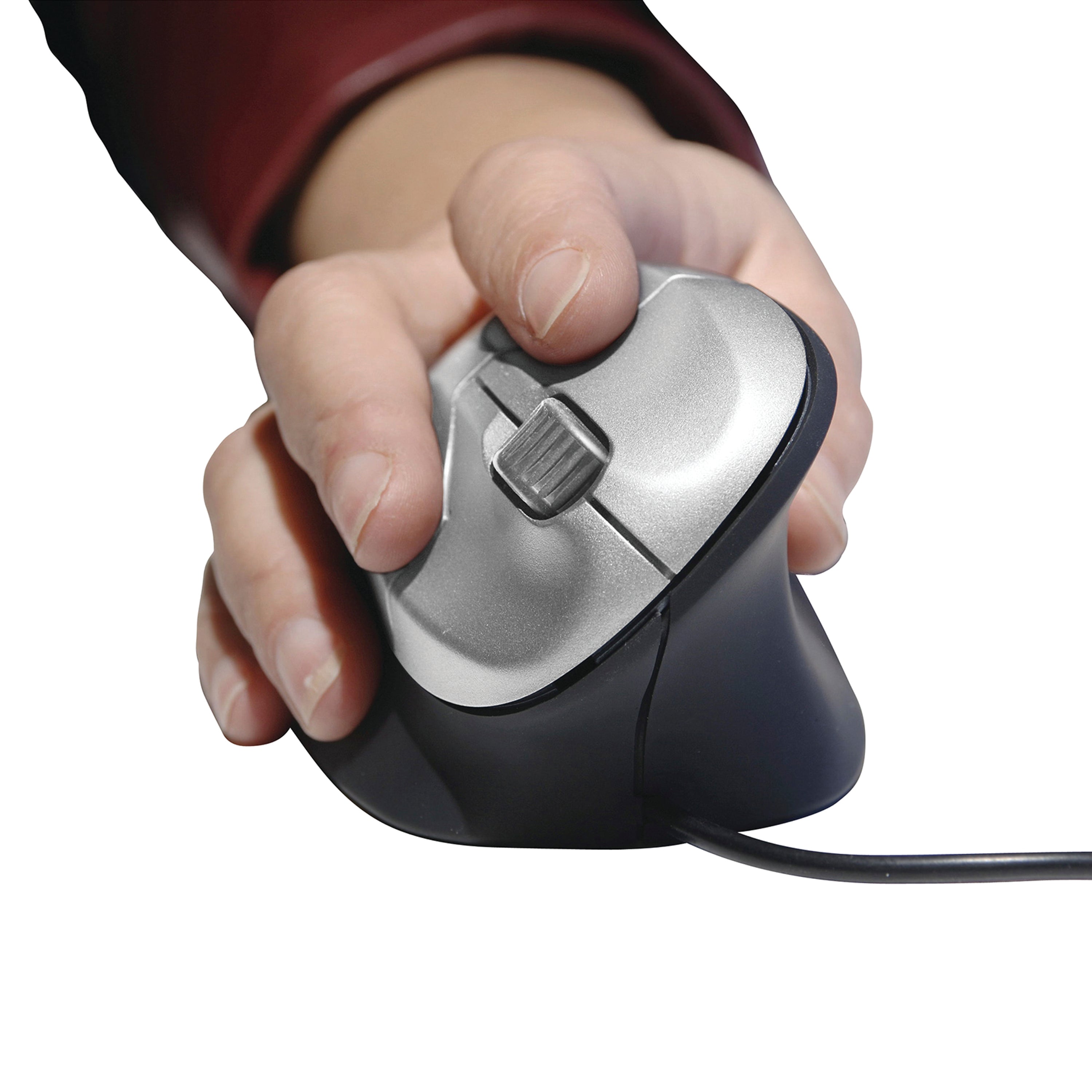 The wired vertical grip mouse shown from the front, detailing the scroll wheel and accessible left and right-click buttons.