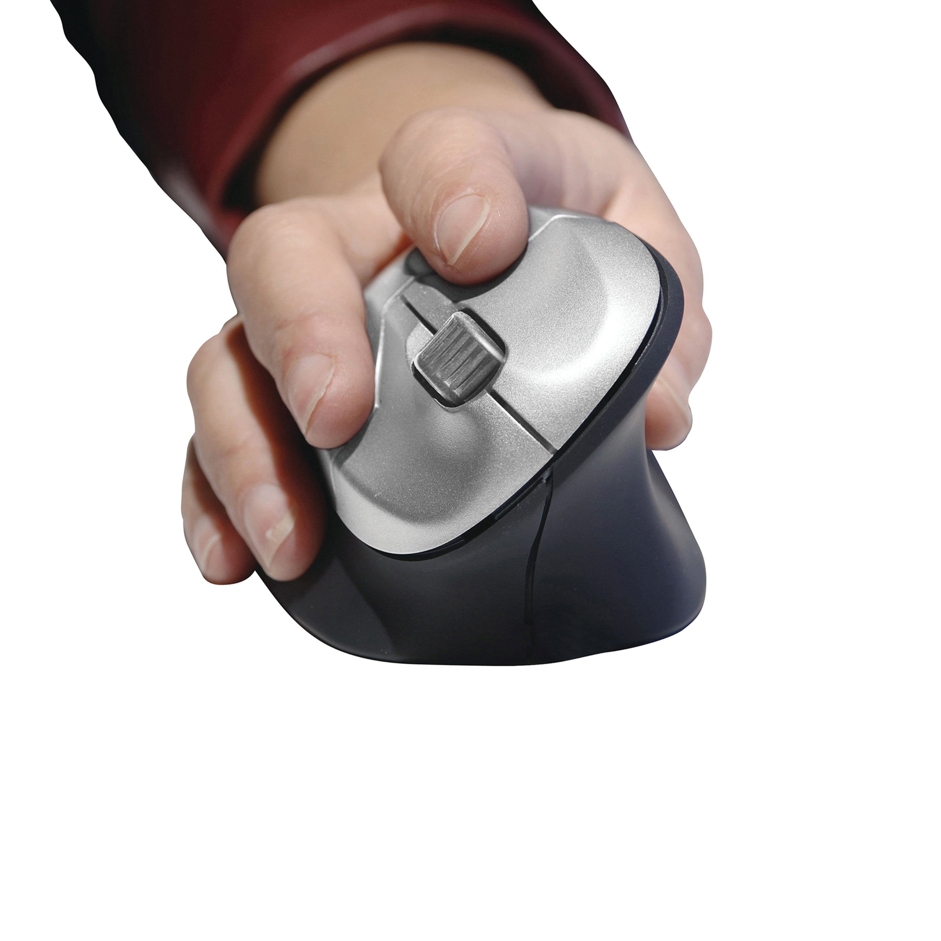 Wireless vertical grip mouse, showing its buttons and scroll wheel in their upright orientation.