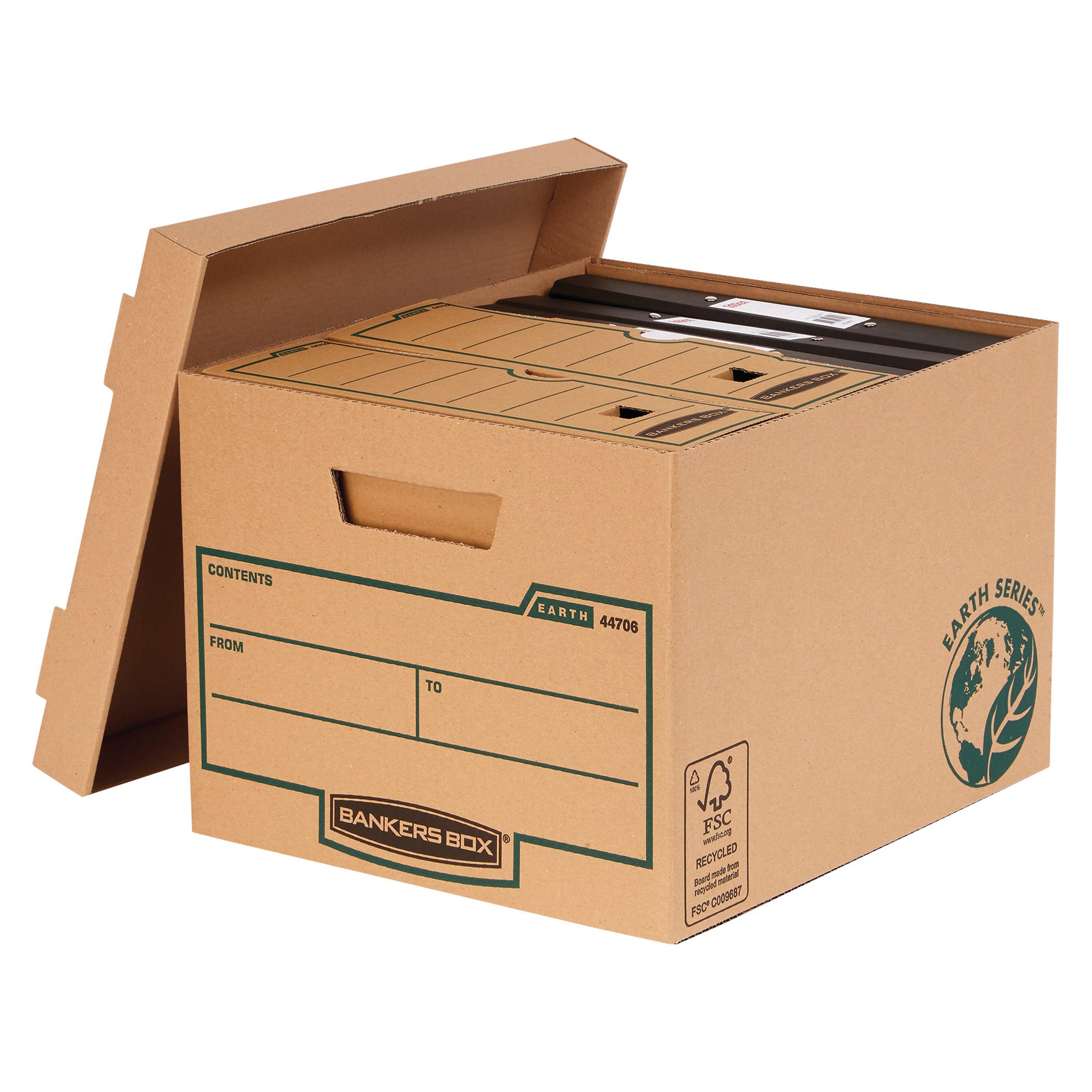 A Bankers Box System Store Maxi box with ergonomic handles, shown with transfer files.