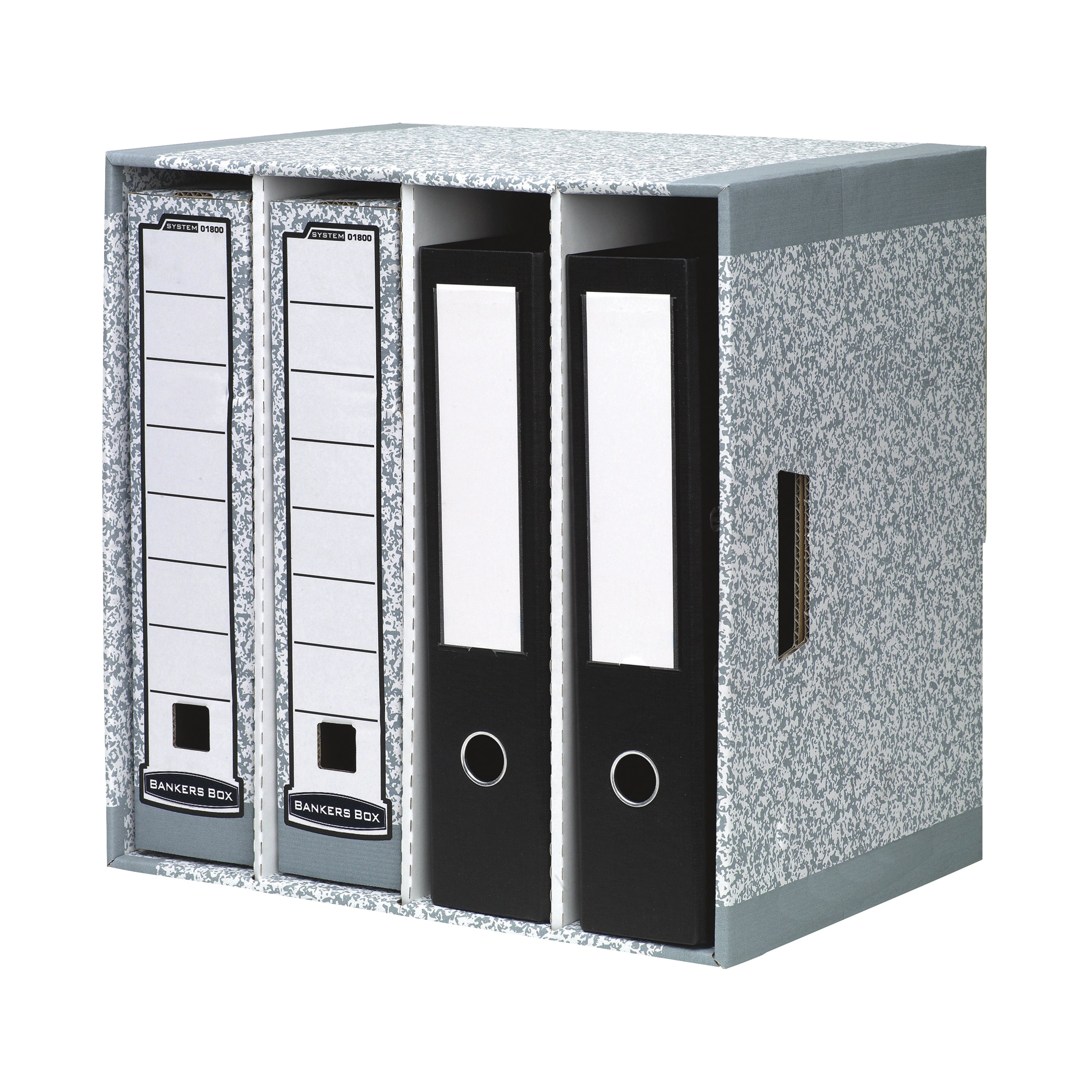 A Bankers Box System 4-drawer file store in grey, providing an organized desktop solution.