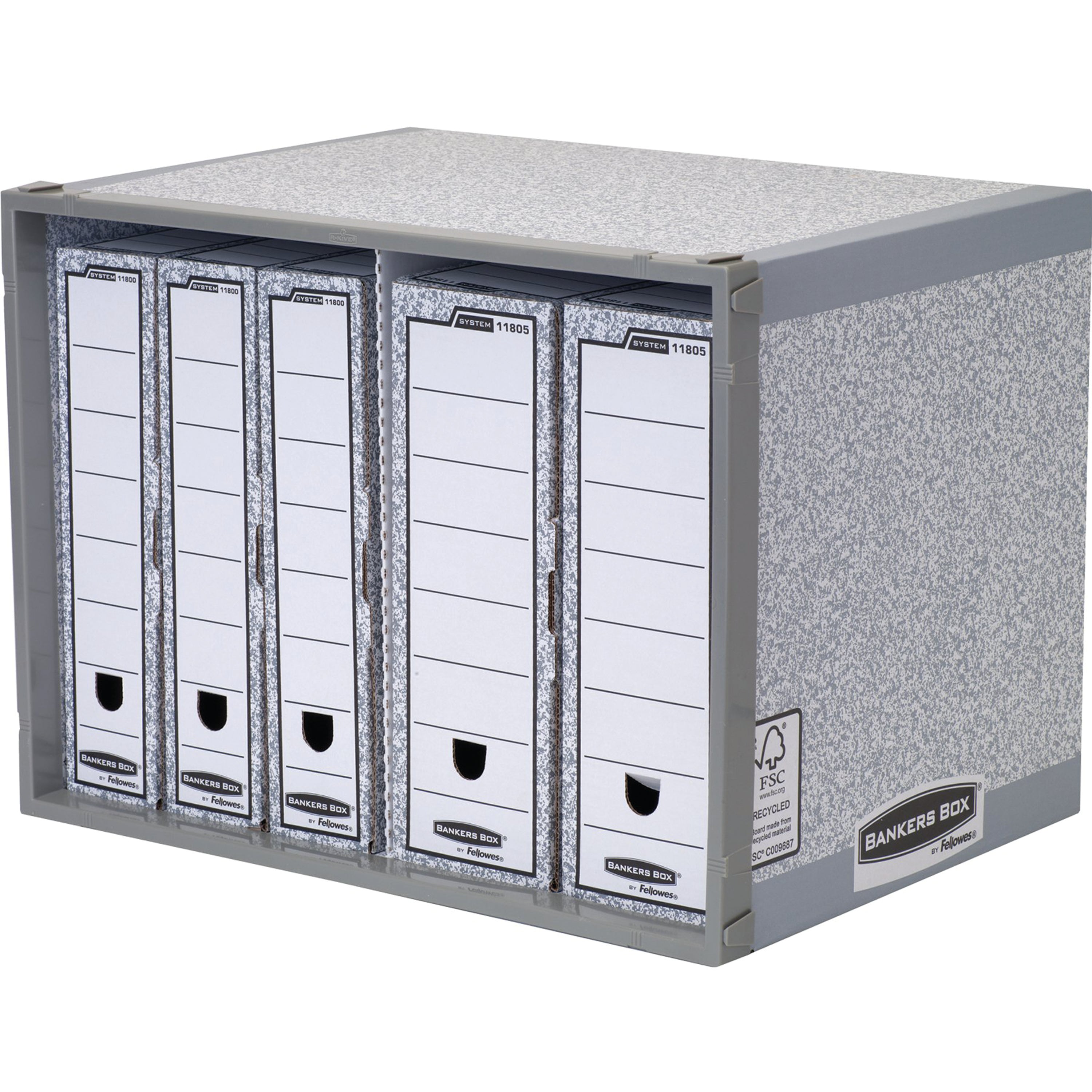 Large, organized stack of grey Bankers Box System Stax units creating a custom file cabinet.