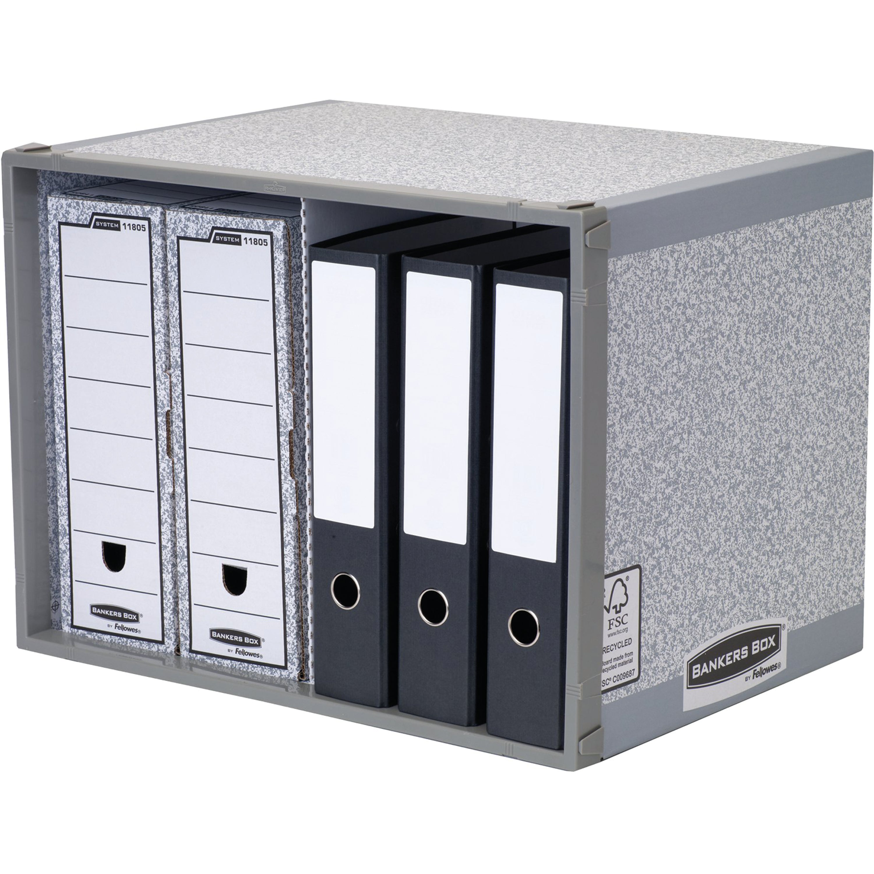 Open drawer of a Bankers Box System Stax File Store, showing hanging file folders inside.