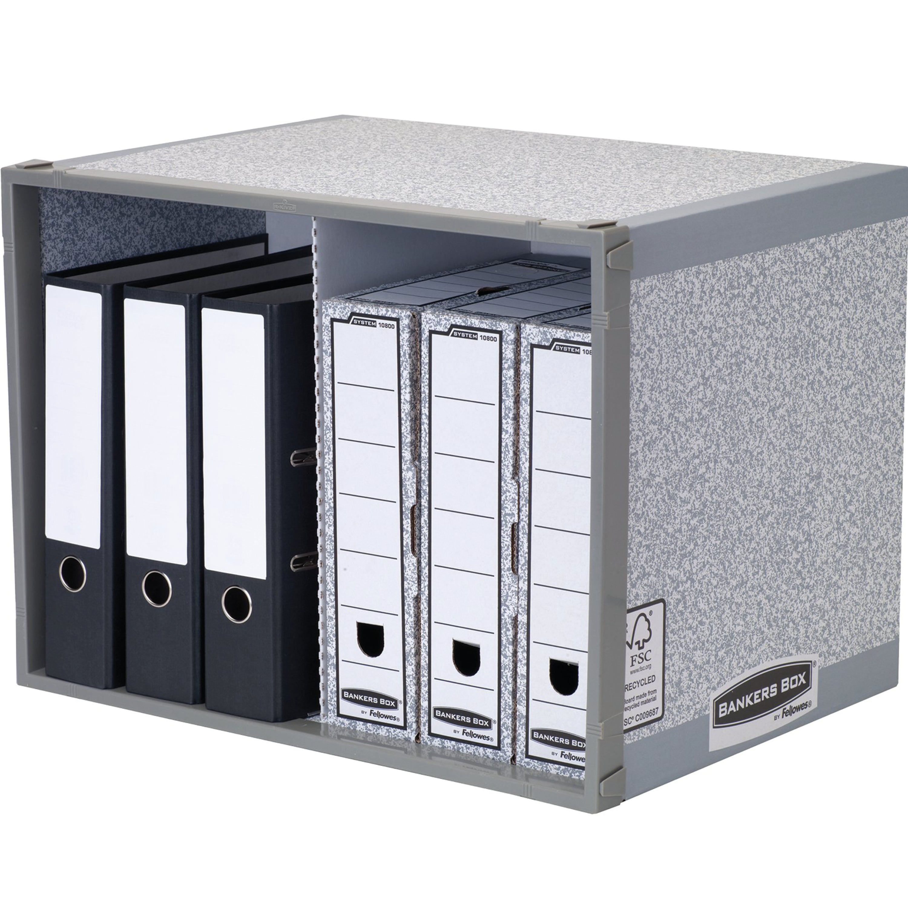 The reinforced steel shell of the Bankers Box System Stax unit, ensuring stacking durability.