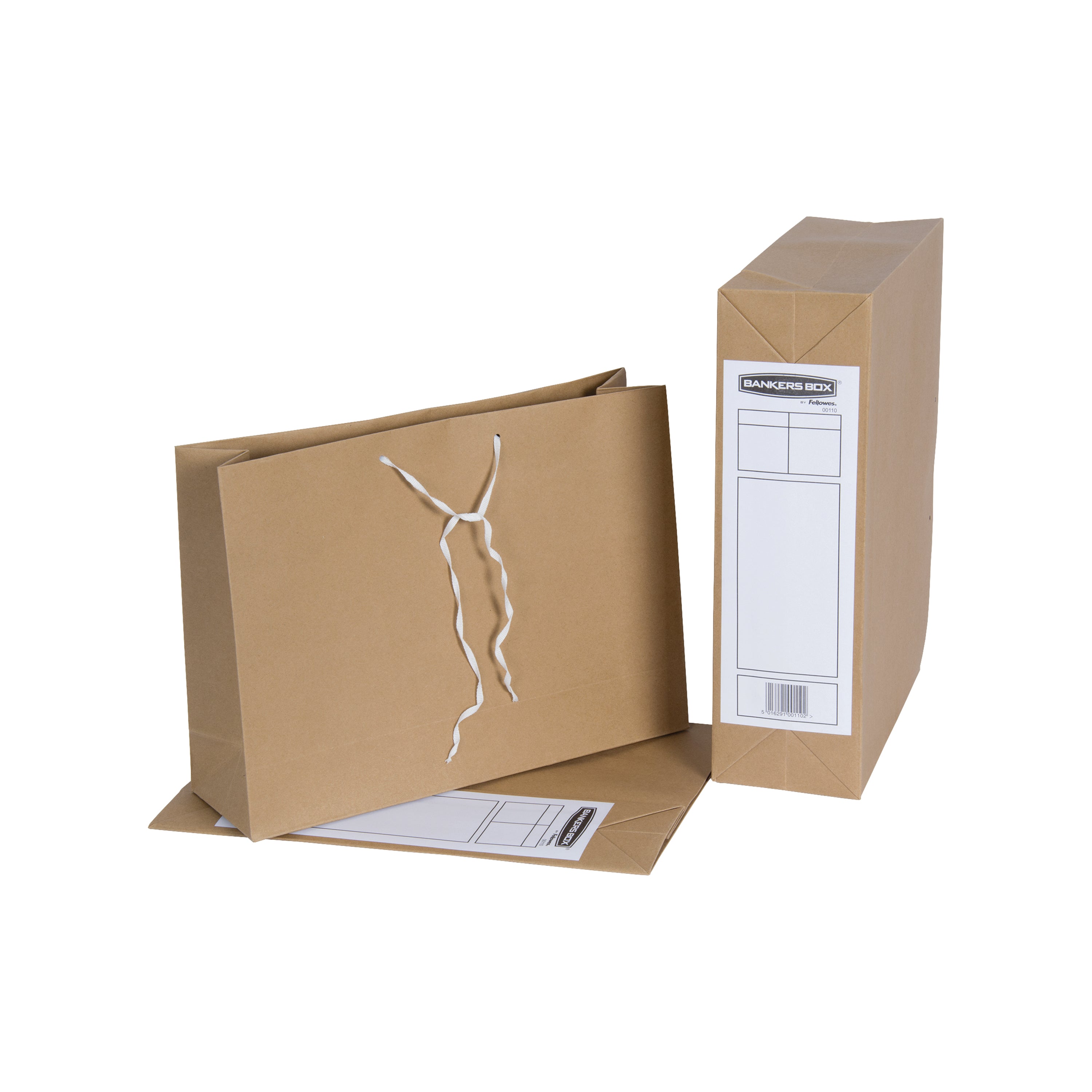 A buff manilla Bankers Box storage bag with a string and washer tie to keep documents secure.