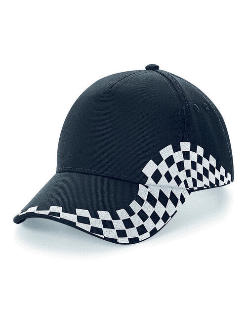 Flat lay of a black Beechfield B159 5-panel printers cap, top-down view.