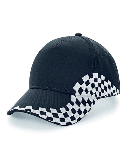 Flat lay of a black Beechfield B159 5-panel printers cap, top-down view.