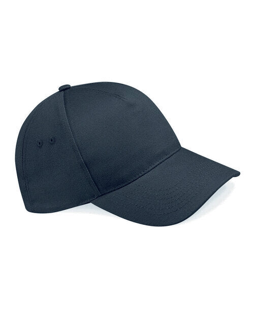 Top-down flat lay of the Beechfield B15 5-panel cap in solid black.