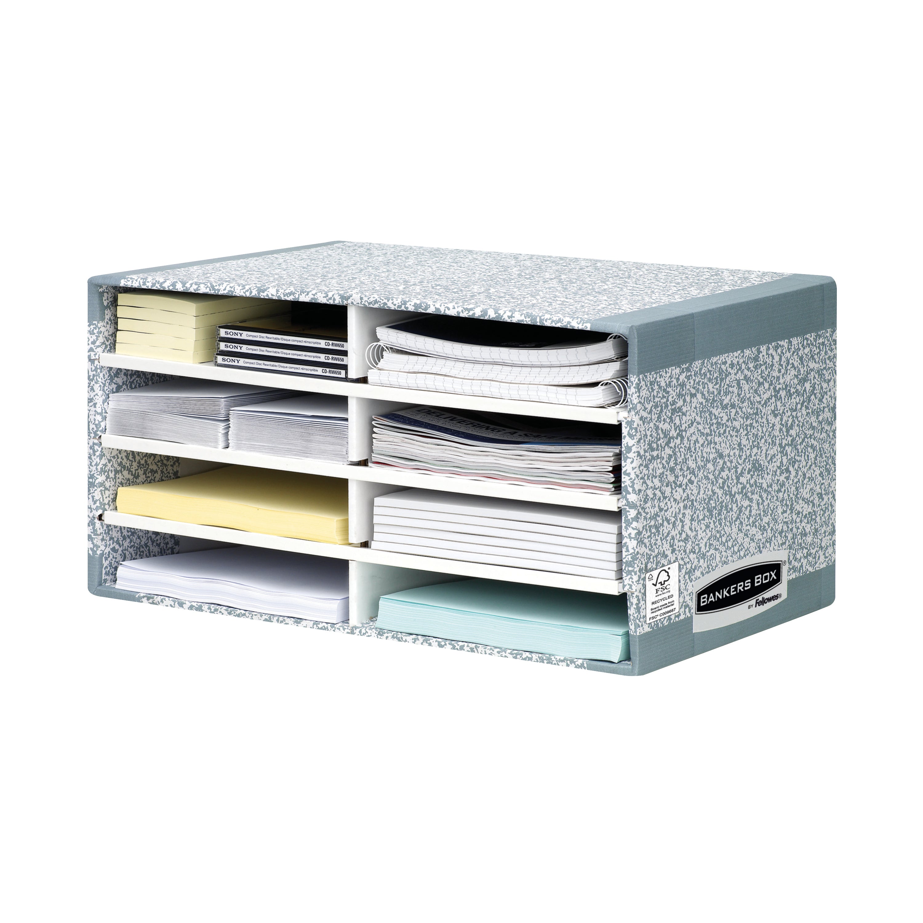 Grey Bankers Box System 5-compartment desktop sorter organizing papers on a desk.
