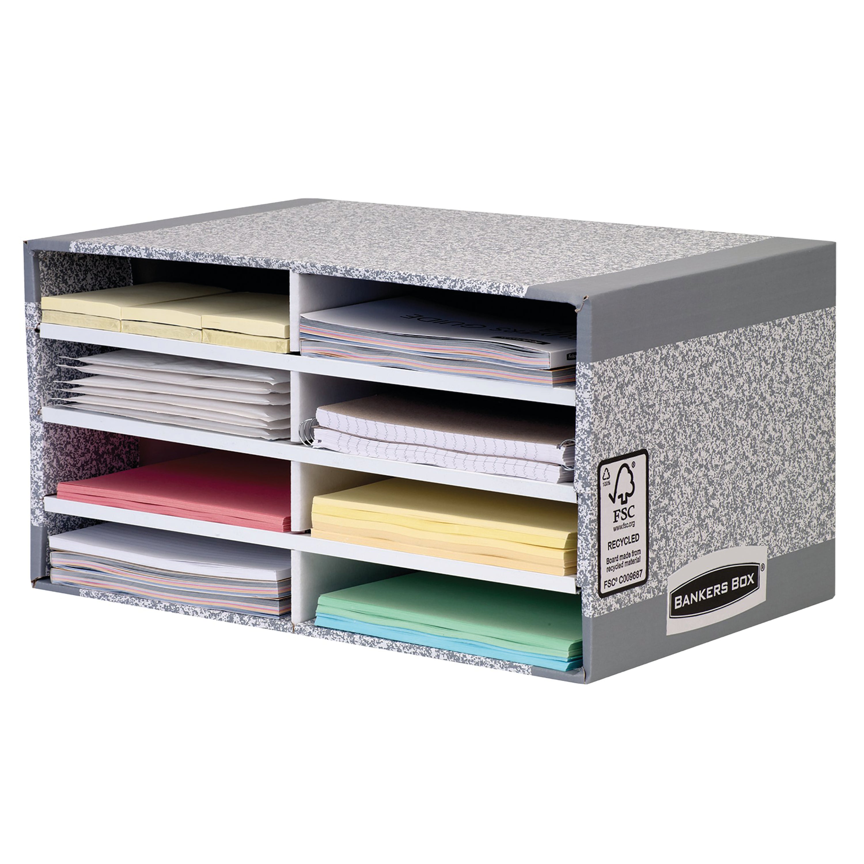 Front view of the grey Bankers Box System desktop sorter with five vertical compartments.