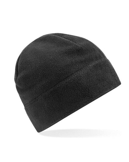 Flat lay of a black Beechfield B244R recycled cuffed beanie, unfolded.