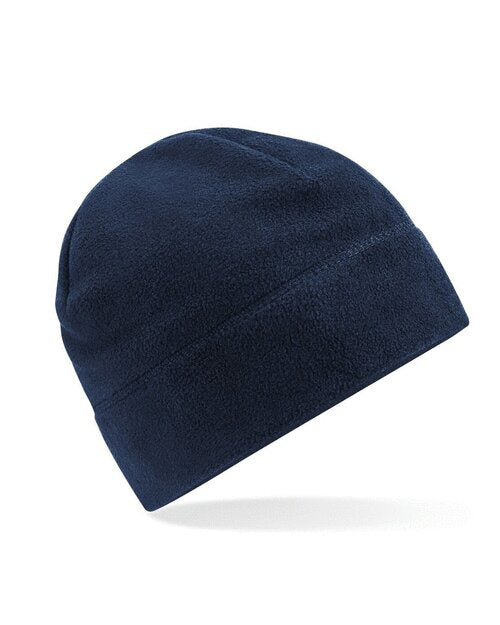 French navy blue Beechfield B244R recycled cuffed beanie laid flat.