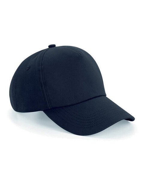 Flat lay of a black unstructured Beechfield B25 5-panel cap.