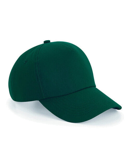 Bottle green unstructured Beechfield B25 5-panel cap, laid flat.