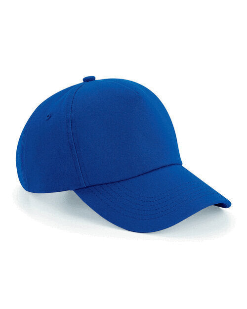Blue unstructured Beechfield B25 5-panel cap in a flat lay style.