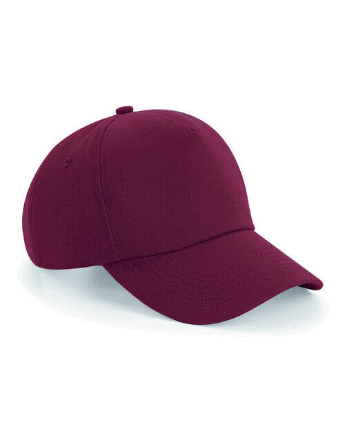 Burgundy unstructured Beechfield B25 5-panel cap, top-down view.