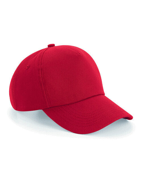 Classic red unstructured Beechfield B25 5-panel cap, shown flat.