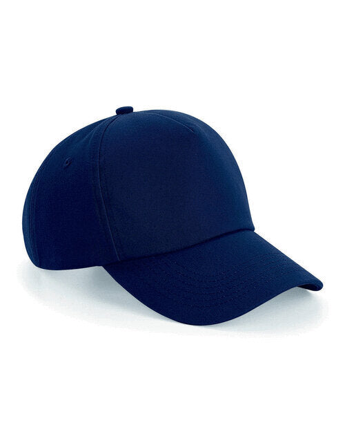 Flat lay of a French navy unstructured Beechfield B25 5-panel cap.