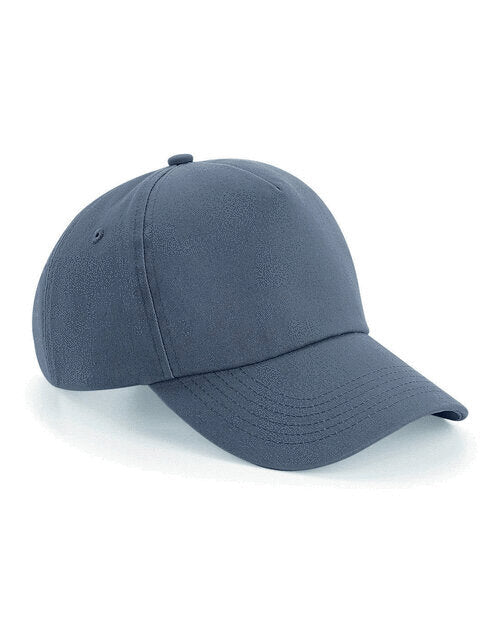 Graphite grey unstructured Beechfield B25 5-panel cap, laid flat.