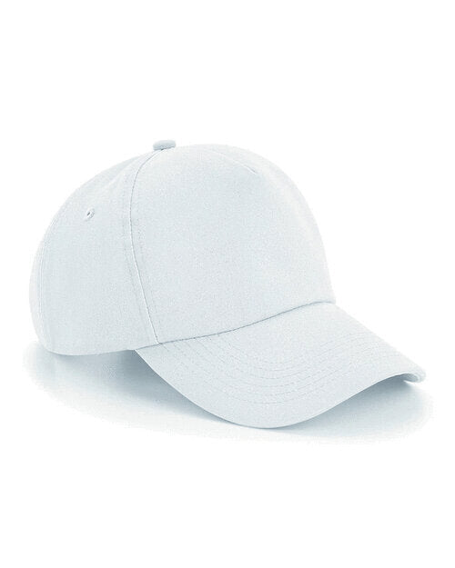 White unstructured Beechfield B25 5-panel cap in a flat lay position.
