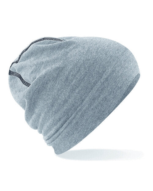 Flat lay of a heather grey and black Beechfield B366 athletic trucker cap.