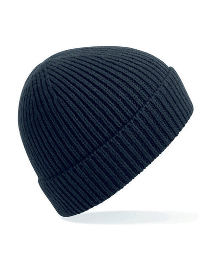 Unfolded flat lay of a black Beechfield B380 organic cotton beanie.