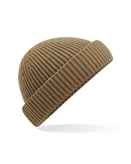 Biscuit-colored Beechfield B383R recycled waffle beanie in a flat lay.