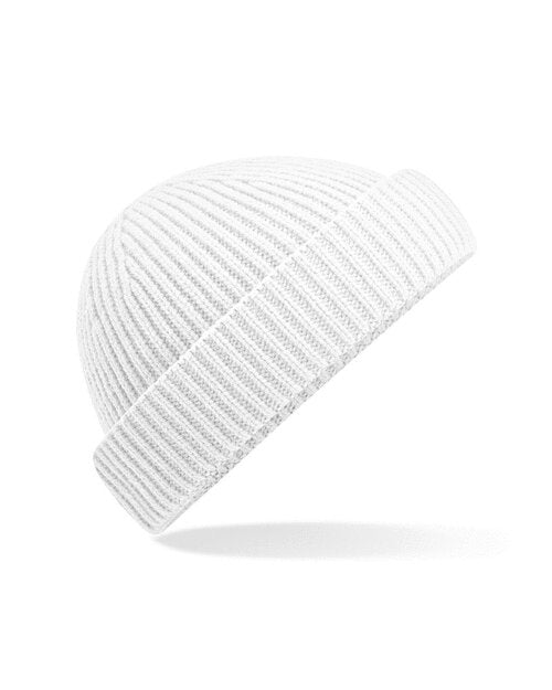 White Beechfield B383R recycled waffle knit beanie shown in a flat lay.