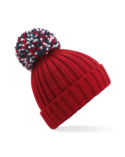 Classic red Beechfield B390 recycled beanie with a faux fur pom pom, flat lay.