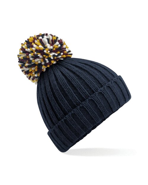 French navy Beechfield B390 recycled pom pom beanie in a flat lay style.