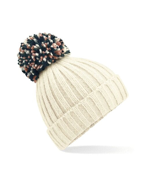 Off-white Beechfield B390 recycled beanie with a contrasting faux fur pom pom.